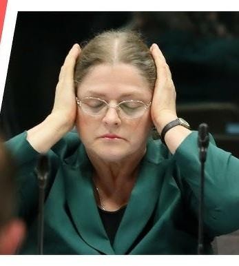 Krystyna Pawłowicz podczas wystąpienia publicznego, z ekspresyjną mimiką i gestykulacją, w tle rozmazana sala plenarna lub konferencyjna.