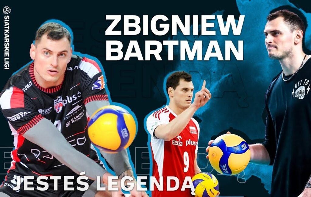Zbigniew Bartman w akcji podczas meczu siatkówki, wykonujący atak lub blok.